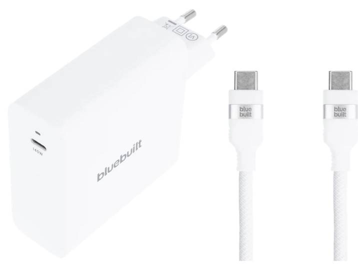BlueBuilt 140W GaN Usb C Oplader Wit + Usb C Kabel 240W 2m Nylon Wit