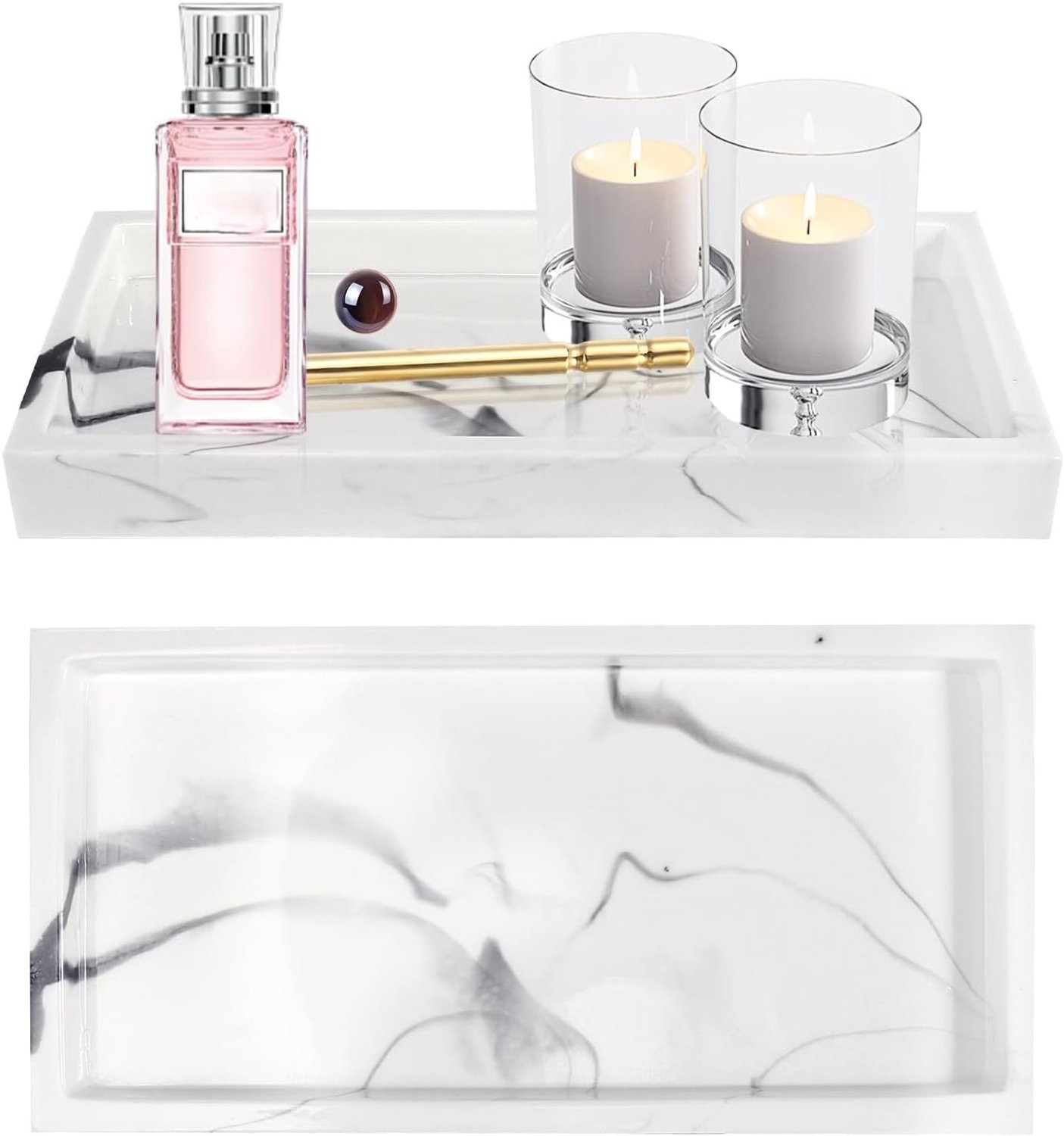 Decoratieve plastic houten tray voor badkamer en keuken met marmerlook, Breedte: 20 cm, Diepte: 10 cm