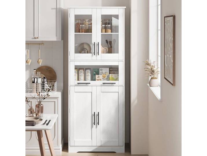 Armoire de rangement haute - LUNSY - 60x30x170 cm - Blanc - Quatre placards à portes - Grand tiroir coulissant