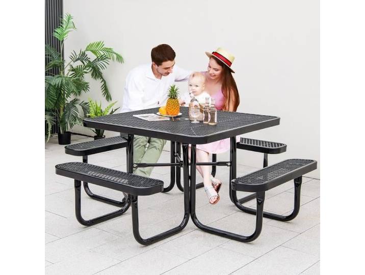 COSTWAY Ensemble Table de Pique-Nique Carrée avec 4 Bancs Intégrés pour 8 Personnes Table de Camping avec Trou pour Parasol Noir