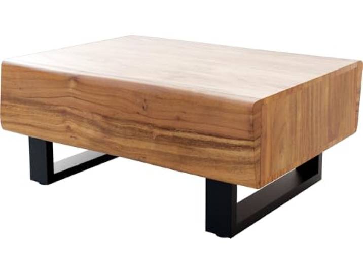 DELIFE Wohnzimmertisch New Live-Edge Akazie Natur 80x60 cm 2 Schubladen Kufe Metall Schwarz Couchtisch