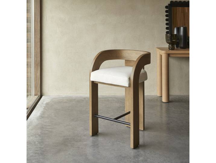 Barstuhl aus massivem Mindi mit naturfarbenem Stoffbezug - Beige - Light mindi wood