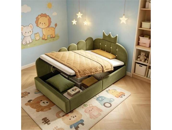HOMVRA Lit enfant 90x190 cm lit simple avec rangement hydraulique et sommier à lattes velours vert sans matelas