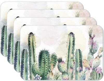CounterArt Watercolor Cacti 4 Pack Reversible Easy Care Flexible Plastic Placemats Made in The USA BPA Free Easily Wipes Clean