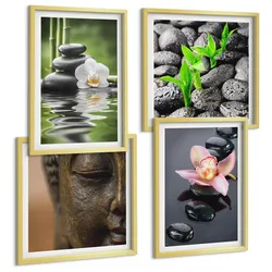 BILDER SET 4er Set - 50x50 cm & 40x60 cm Goldrahmen - Friedliche Zen-Blumen-Buddha-Komposition