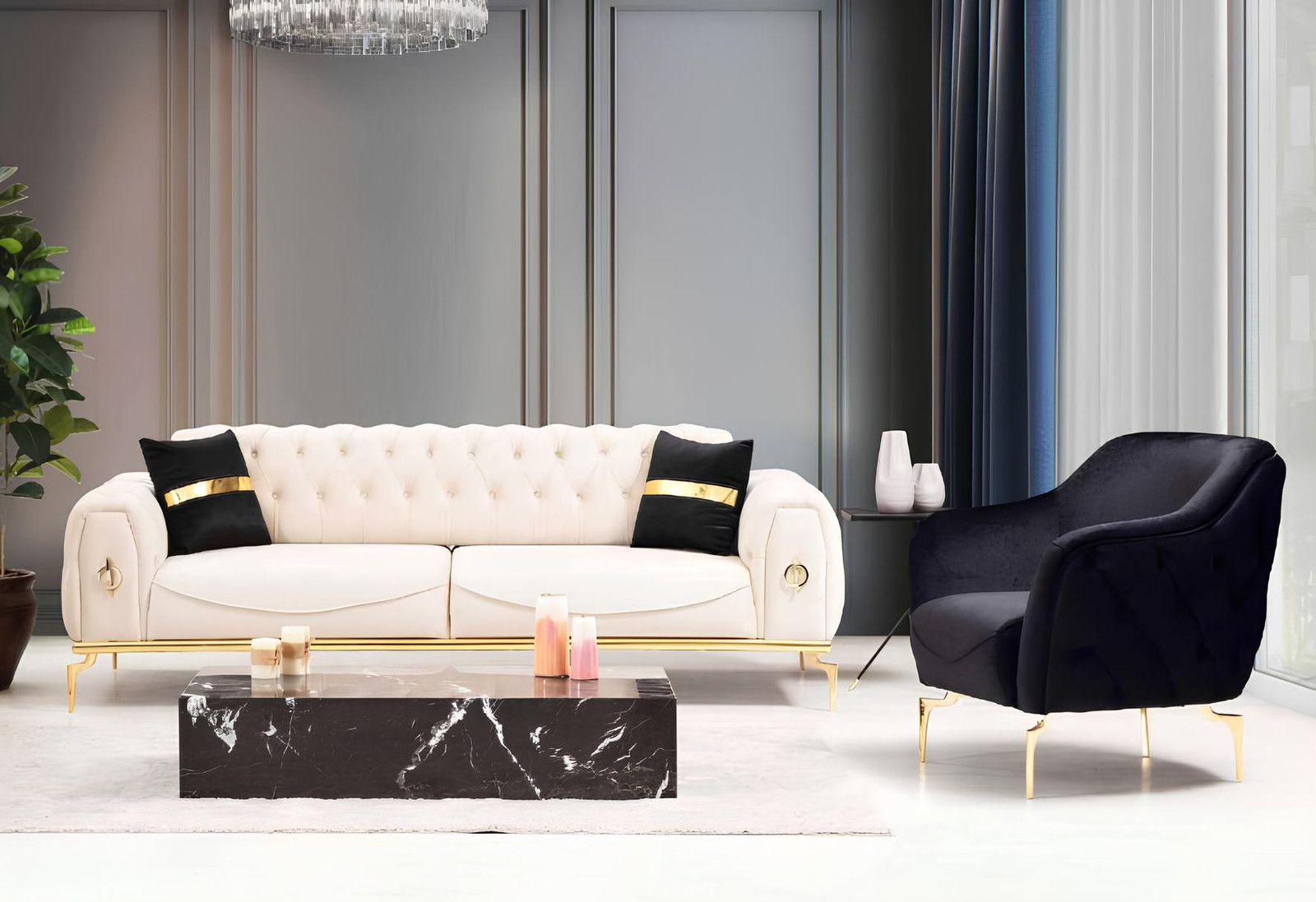 Chesterfield Luxus Sofagarnitur met roestvrijstalen elementen en driezits zithoek