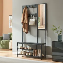Garderobenständer Napinerg mit Spiegel und Schuhregal 185x98x34 cm Schwarz [en.casa]