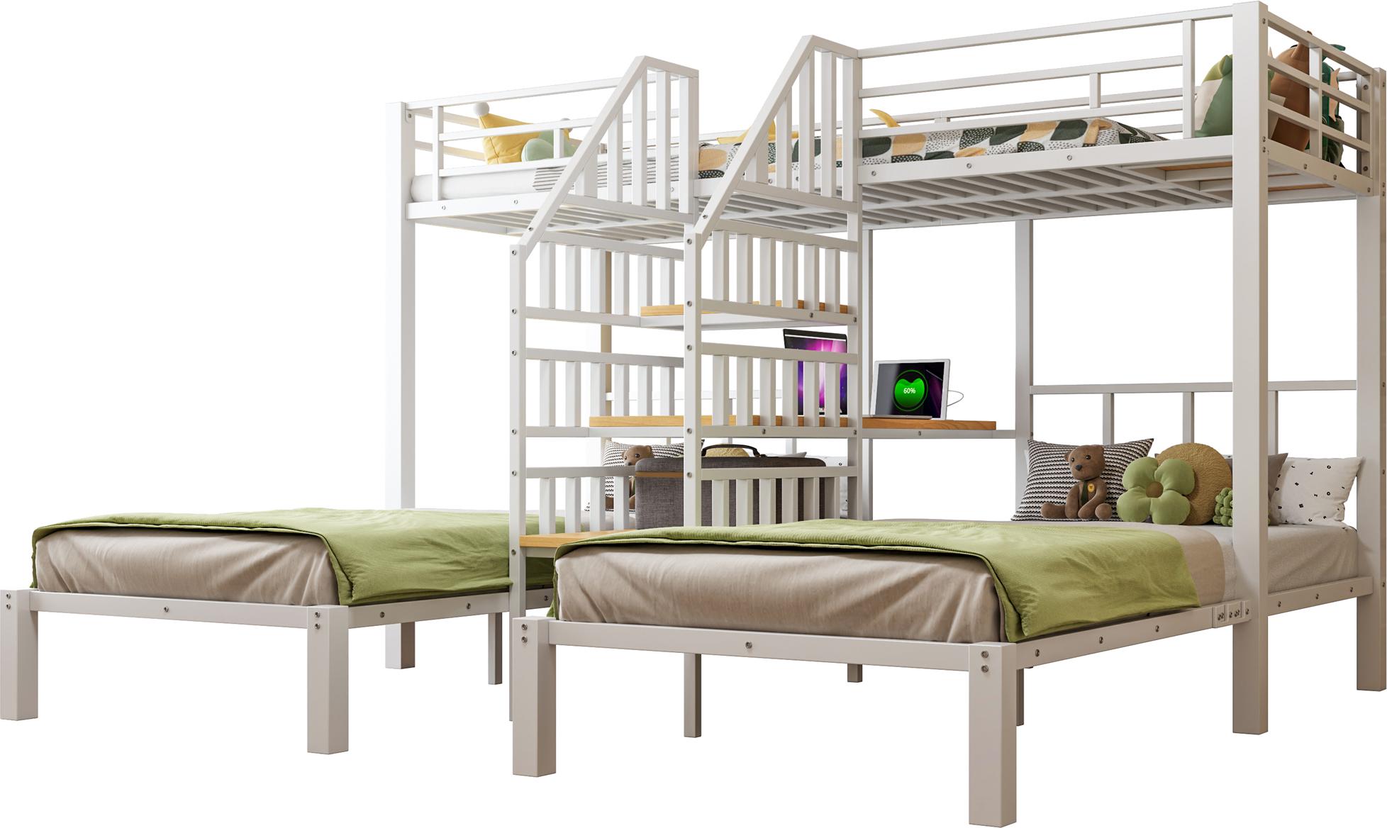 Etagenbett mit 3 Liegeflächen, Lattenrost, Rausfallschutz, Nachttisch, Treppe, Steckdose, USB, LED, 90x200cm, Kinderbett, Metallbett