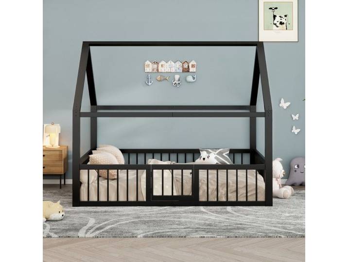 Lit superposé enfant - Design toit - Métal - 140 x 200 cm - Noir