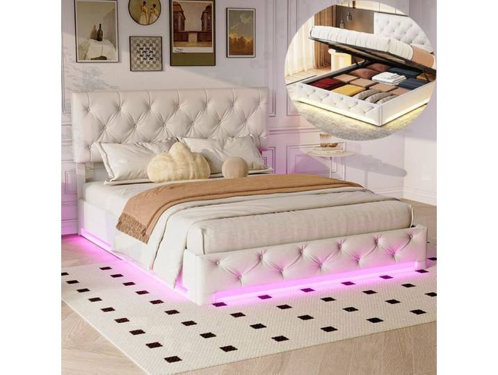 Lit 140x190 cm - NMONET - LED - tissu en lin - cadre de lit adulte 140x190 cm - beige