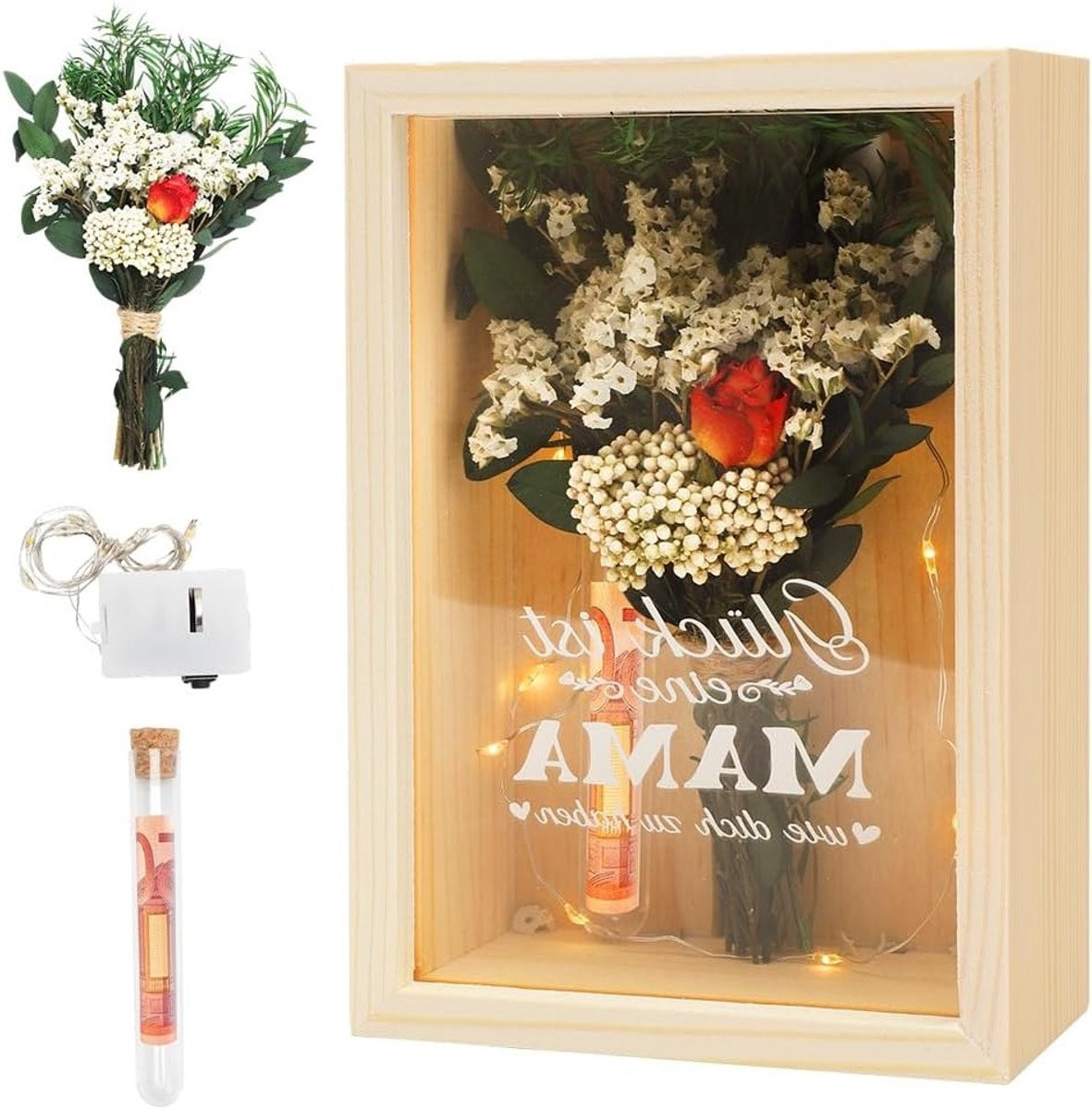 Geschenkdoos met gedroogde bloemen en lichtketting in een houten doos voor moederdag
