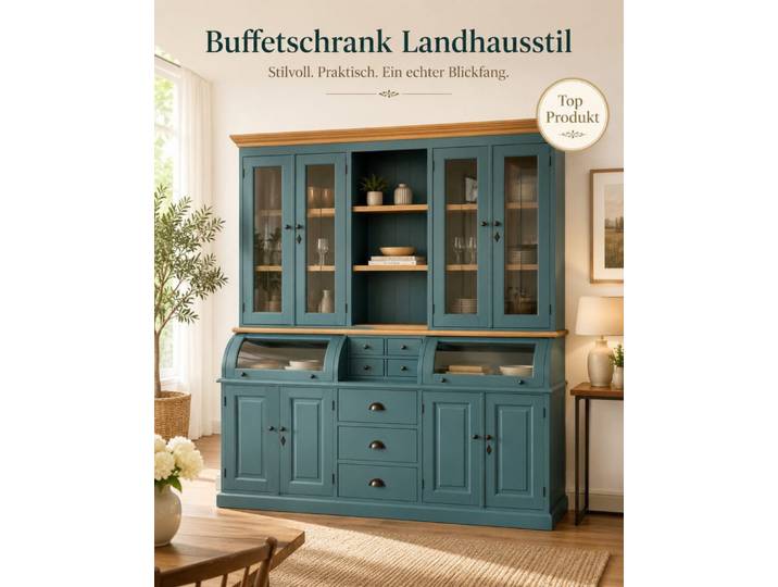 Wohnpalast Buffet Landhaus Buffet Schrank Berlin 200 cm Wasserblau mit Eiche- Landhaus M