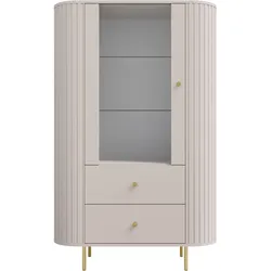 VITRINE Halay Beige, 1 Tür & 2 Schubladen Moderne Rillenstruktur, mit runden Kanten