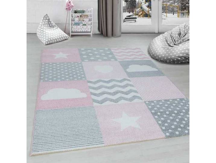 TapisTrend Tapis Enfant Rose 120 x 170 cm chambre d'enfants à carreaux nuage etoiles