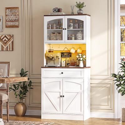 Rackcog Tall Kitchen Pantry Cabinet with LED Light & Power Outlet, Buffet Storage Home Bar with Glass Doors and Drawer