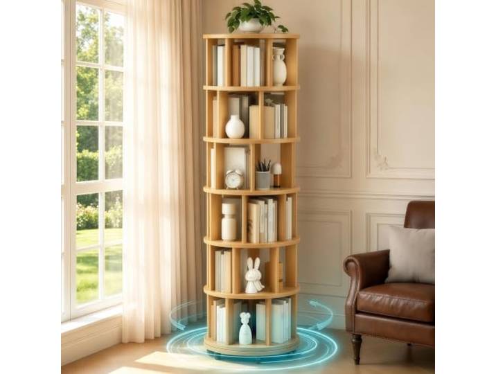 Drehbares Bücherregal 360° mit Rollen Holz Regal 6 Ebenen Kinderzimmer Mobiles Bücherschrank Holz mit Rädern - Platzsparendes Stehregal - feststellbaren Rollen - Eck-Organizer für Büro