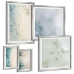 BILDER SET 5er Set - 50x50 cm & 20x30 cm & 40x60 cm Silberner Rahmen - Aquarell-Leinwandstil