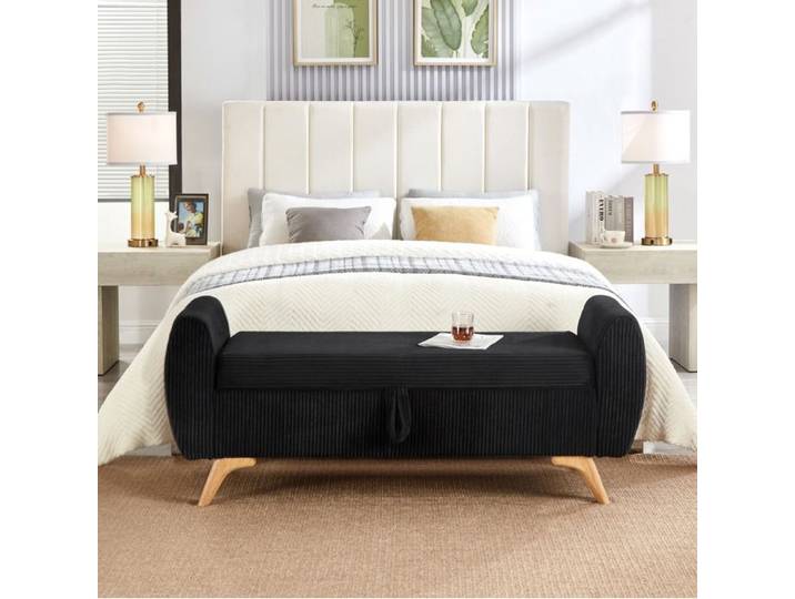 WOVREO Banquette coffre pliable en velours côtelé noir pieds en bois 145 x 51 x 57 cm