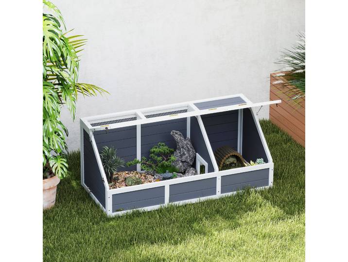PawHut Maison Tortue Bois Gris avec Couvercle et 2 Espaces