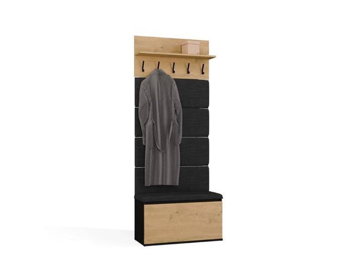 LIOR - Meuble d'entrée portemanteau avec meuble à chaussures - Entrée - 80x202 5x35 cm - Noir / Chêne Artisan