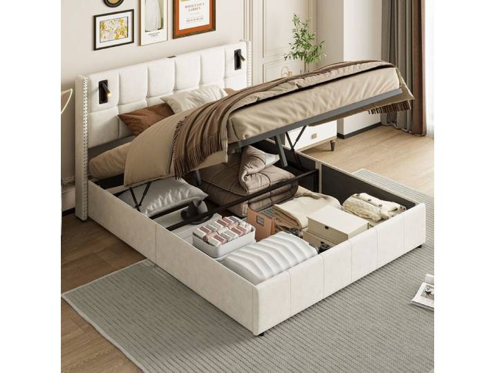 Lit coffre 140x190 cm - LUMINARIX - Beige - Avec lampes de lecture - Rangement hydraulique - Velours