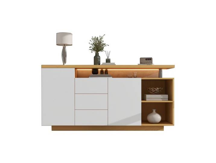 Buffet avec LED Buffet Bas Buffet bahut avec 3 tiroirs et 2 portes Rangement Armoire de Cuisine 140 cm Blanc Pour Salon Cuisine