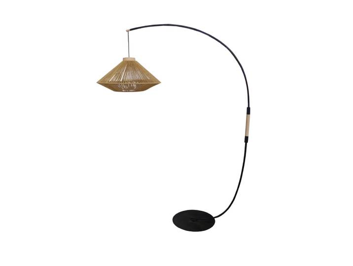 Lampadaire curve métal noir bois naturel abat-jour fibre naturel
