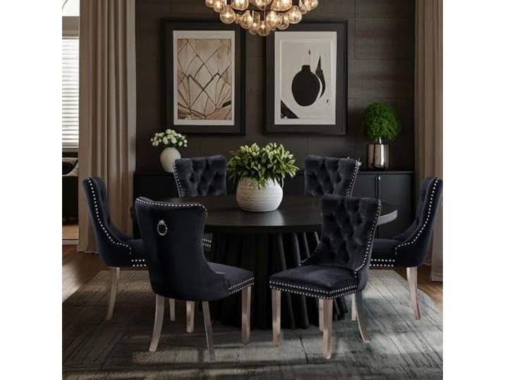 SoarTalent 6er Set Esszimmerstühle Samt Silberbein, Schwarz Samt gepolstert, Nagelkopfbesatz, versilberten Beinen, Metall-Ziehring, für Esszimmer & Wohnzimmer