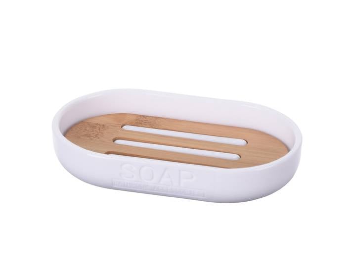 Seifenschale aus Bambus und Kunststoff, Seifenablage oval, braun, weiss, 12,3 cm x 7,8 cm
