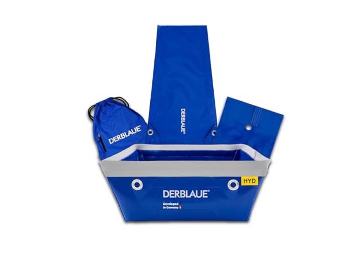 DERBLAUE® Service-Set – für das Auffangen von Öl & Hydraulikflüssigkeiten Enthält flexible Auffangwanne, Rutsche zum Ableiten und Einfach-Rosette für Umgebungsschutz. Geliefert im praktischen Beutel.