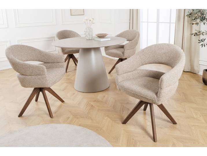 Drehbarer Stuhl ORGANIKO taupe beige Strukturstoff Holzgestell Walnuss mit Armlehne Esszimmerstuhl Küchenstuhl Modern & Design