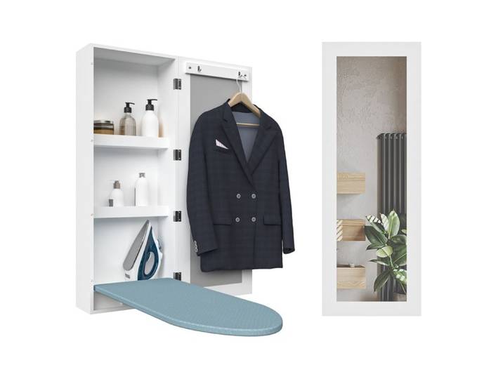 Armoire murale avec planche a repasser rabattable - miroir et rangement MDF blanc