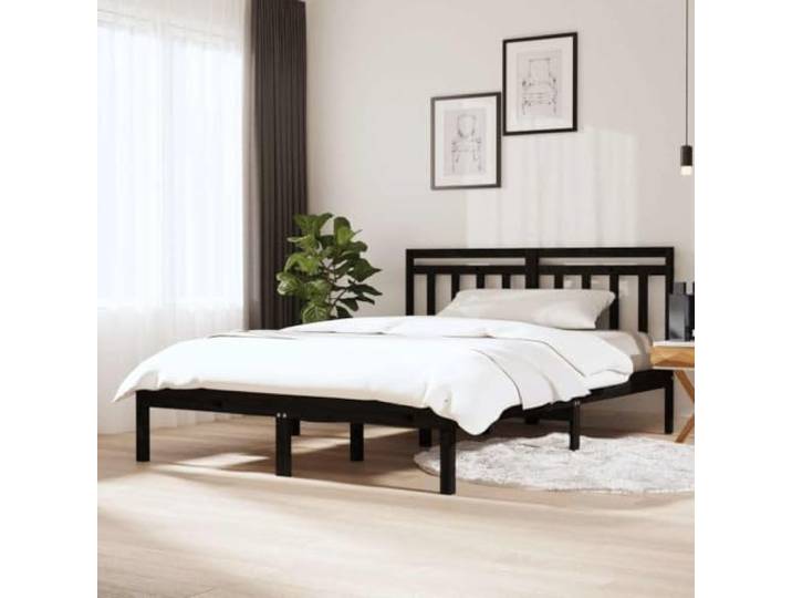 RJPLMFV Bettgestell, Massivholz, Schwarz, 140 x 190 cm Robustes Kiefernholz, Lattenrost, dekoratives Kopfteil, ohne Matratze