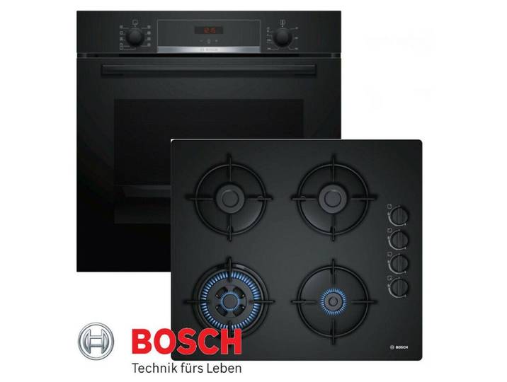BOSCH Gasherd-Set Bosch Serie l 4 Autark Backofen Schwarz + GAS Glas Kochfeld, mit 1-fach-Teleskopauszug