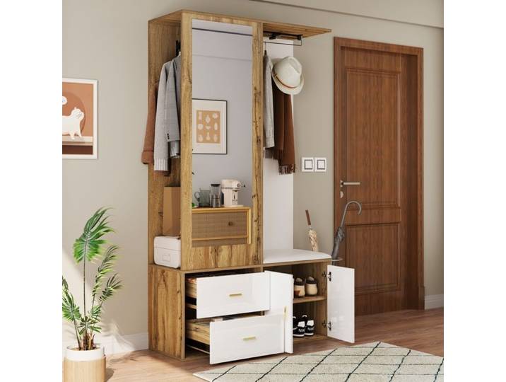 Ensemble de vestiaire Comprenant Miroir Armoire à Chaussures Banc Crochet et Tringle à Vêtements Extensible 100 x 38 x 180 cm