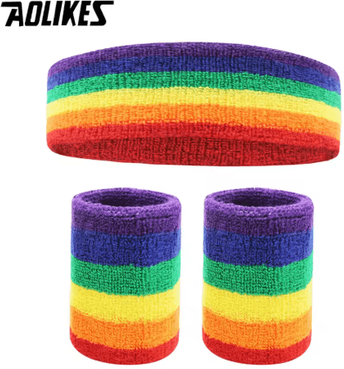 Inspire Picks AOLIKES Sports Sweatband Set Terry Cloth Headband & Wristbands Moisture Wicking Sweat Absorbing Gear For Gym, Running rainbow
