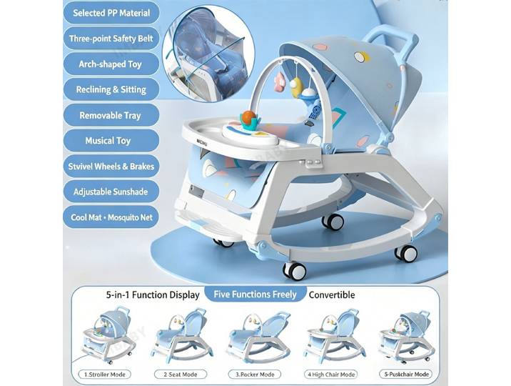 Chaise à bascule multifonction 5 en 1 pour bébé, chaise à bascule réglable pour nourrisson, siège de repas, poussette, chaise musicale éducative pour 0-36 mois