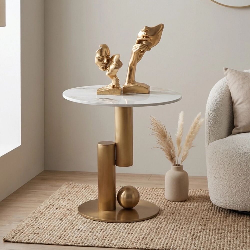 Tuttoperlestetica Tavolino da Salotto Rinako Japandi con Top in Ceramica Effetto Marmo Calacatta e Struttura Oro