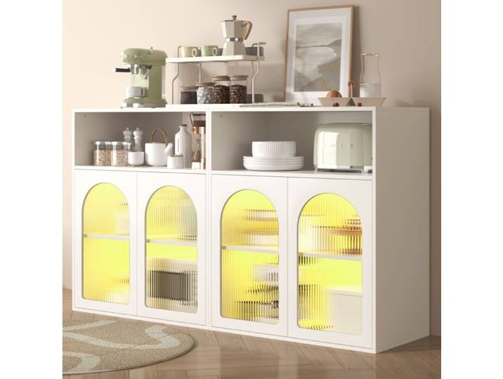 Lot de 2 Buffet 70x35x90 cm avec 4 portes en verre LED MDF Blanc