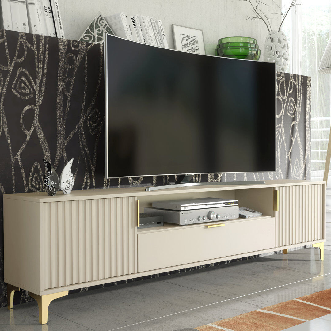 Fairmont Park Cashmire 200 CM TV Unit   Gold Accents   Fluted Fronts   Modern Retro Media Cabinet Beige 78"