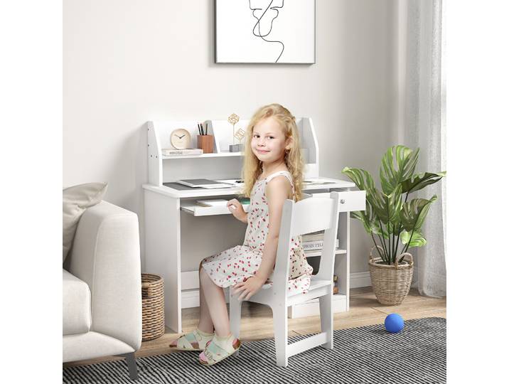 Zonekiz Ensemble bureau et chaises pour enfants de plus de 5 ans avec 2 tiroirs Blanc