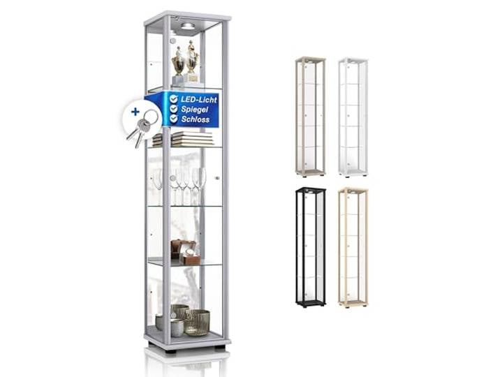 K-Möbel Sammlervitrine (176x37x33cm) - Made in Germany - Vitrinenschrank Silber/Alu mit 4 höhenverstellbaren Glasböden, Spiegel, Schloss & LED - Glasvitrine Stehend - Display Cabinet