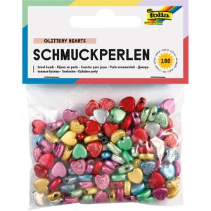 Folia Perlen 1260 Schmuckperlen Glittery Hearts, Kunststoff, farbig sortiert, Herz, Größe 7 mm, 160 Teile