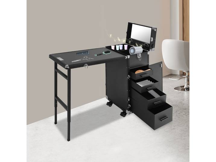 Table de manucure roulante, bureau à ongles Portable, chariot à cosmétiques pliable, organisateur de rangement, étui de Train de maquillage rose/noir