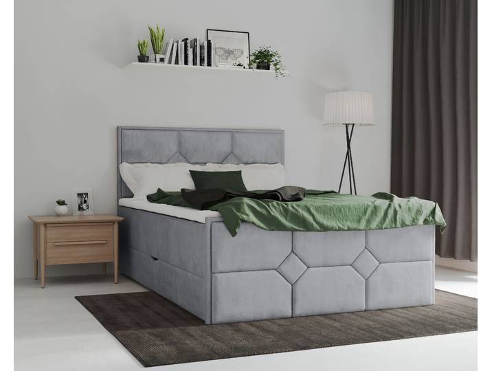 Boxspringbett, Holz Teilmassiv, Hellgrau, 161×210 cm, Mit Taschen-Federkernmatratze, Modern, Leonique