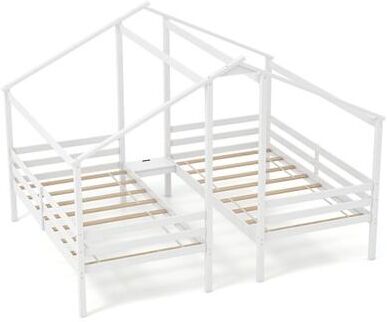 Costway Double Twin Size Wooden Bed Frames with Built-in Table for Kids-White