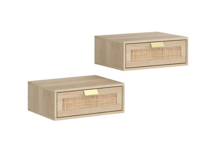 DASJKDI 2er-Pack wandmontierter Nachttisch aus Rattan Schublade in Eichenoptik, platzsparend einsetzbar
