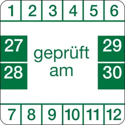 Prüfplakette ab 27, "geprüft am", grün/weiß - Bogen = 10 Plaketten - 30 x 30 mm Folie selbstklebend