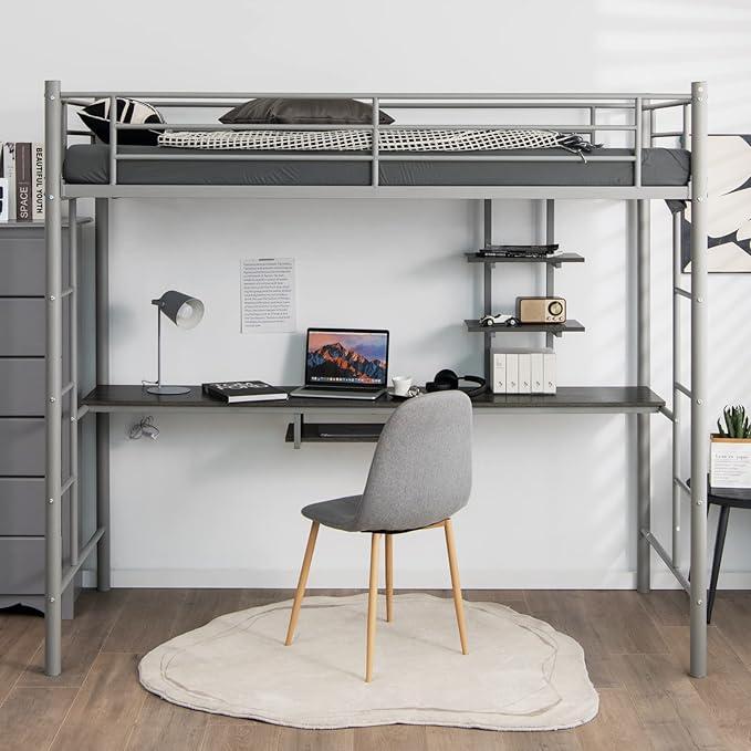 Hochbett mit Schreibtisch, Etagenbett mit 2 Leitern, Stockbett aus Metall, Bettrahmen für Teenager und Erwachsene (Silber)