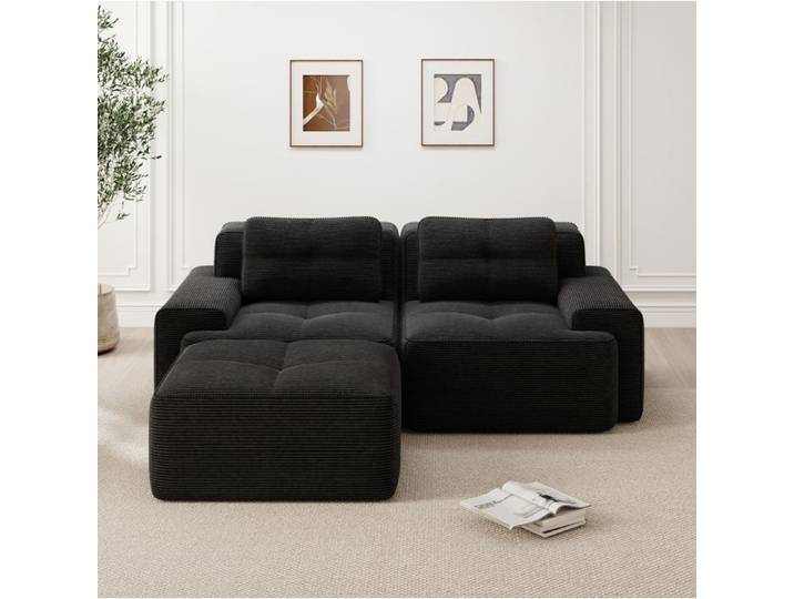 JOINERY canapé d angle modulable 2 places ottoman velours côtelé noir assise profonde 74 cm sans montage base antidérapante